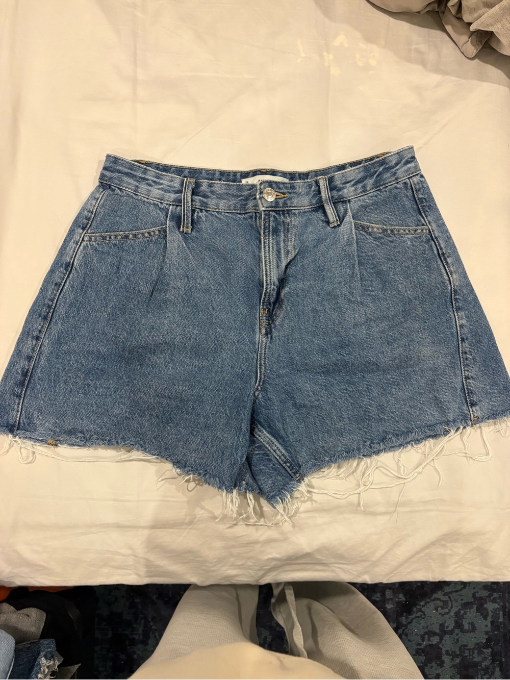 Mango Blue High-Waist Frayed Denim Shorts